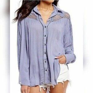 Free People Boho Country Blue Lace Detail Button Up Top Size Large